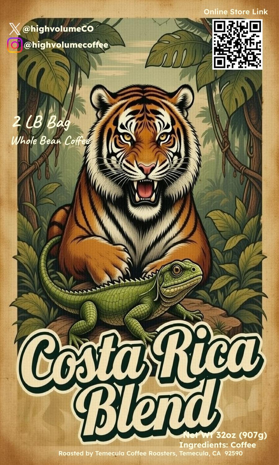 2 LB Whole Bean Coffee Bag - Costa Rica Single Origin Med Light Coffee